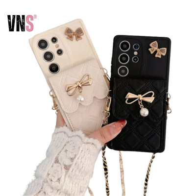 3D Bowknot Crossbody Card Holder Wallet Phone Case For Samsung Galaxy S25 Ultra S24 S23 S21 S20 FE S22+ Plus Note 20 Soft Cover
