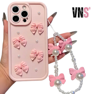 3D Elegant Bowknot Faux Pearl Chain Silicone Phone Case For iPhone 11 12 13 14 15 16 Pro Max 16E XS X XR 7 8 Plus SE Soft Cover