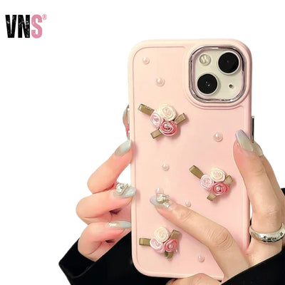 3D Cute Flower Pearl Heart Phone Case for iPhone 16 15 14 13 12 11 Pro Max Plus XS XR Shockproof Drop Protect Back Cover Luxury