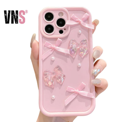 3D Bow Pearl Decorated Phone Case For iPhone 16 15 14 13 12 11 Pro Max 16E XS X XR 7 8 Plus SE2 Shockproof Silicone Soft Cover